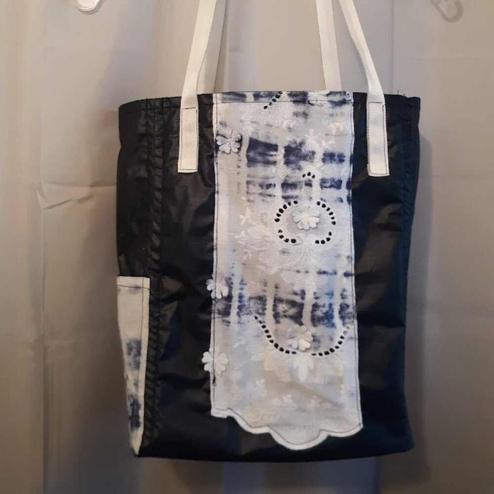 New Boho Lace Tie Dye Tote Shopper shoulder Bag Double handle Blue White KeyClip